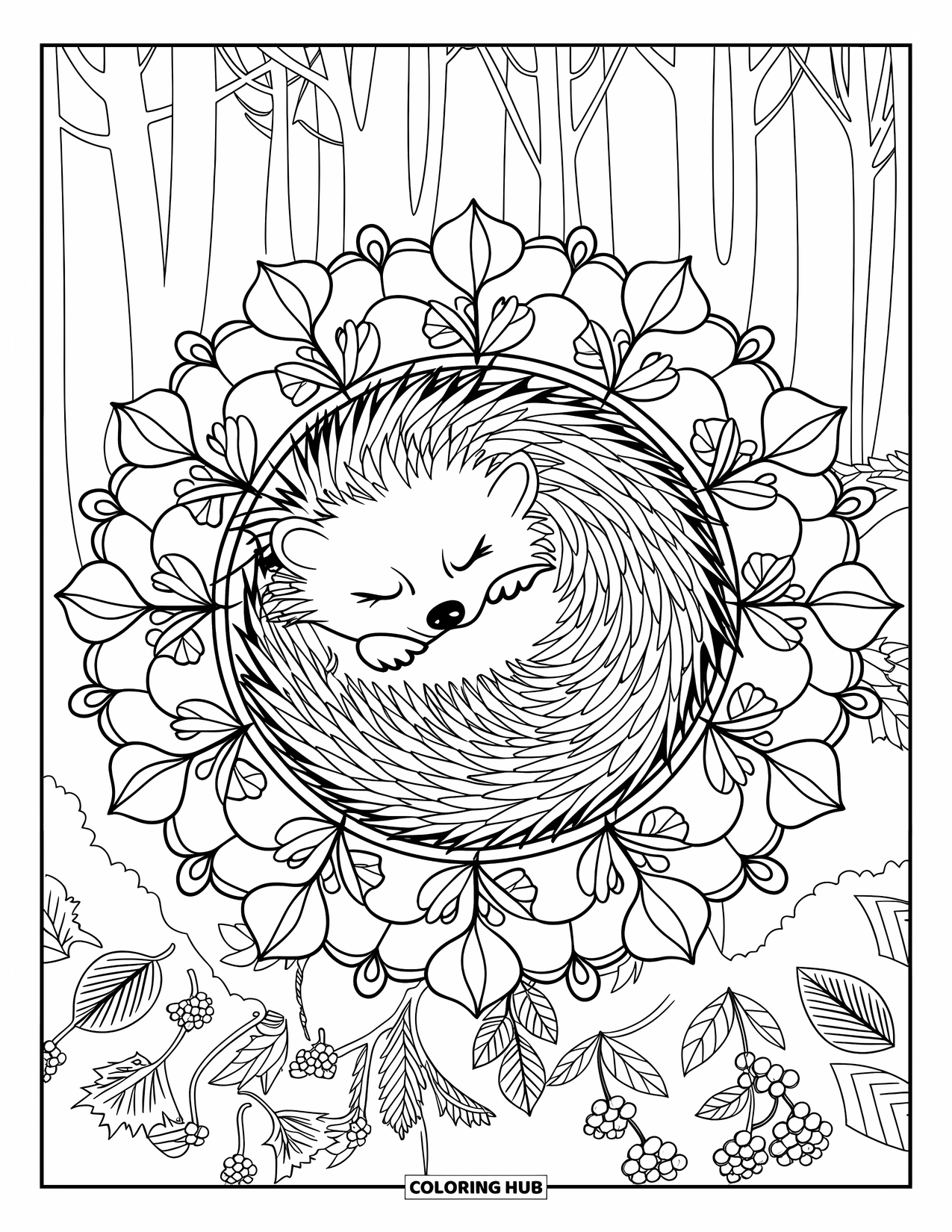 Hibernating Animals Coloring Page for Adults: A hedgehog hibernates inside a mandala of leaves and berries in a quiet forest