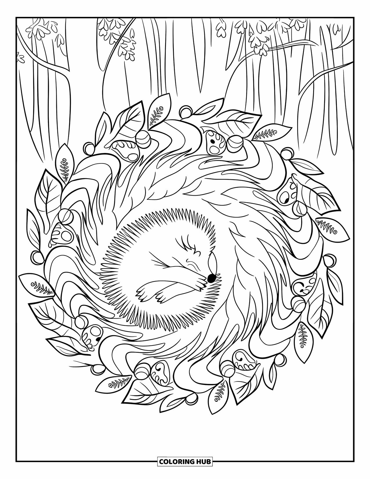 Hibernating Animals Coloring Page for Adults: A hedgehog hibernates inside a swirling mandala of autumn leaves and berries
