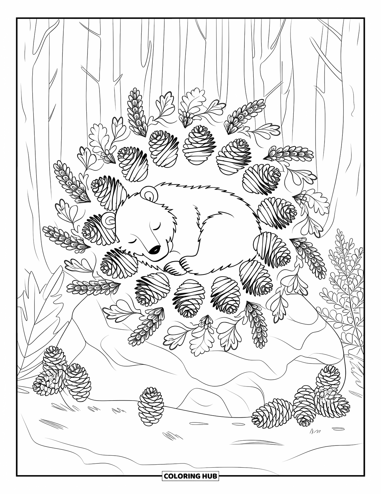 Hibernating Animals Coloring Page for Adults: A hibernating bear rests inside a floral mandala set on a rocky forest floor