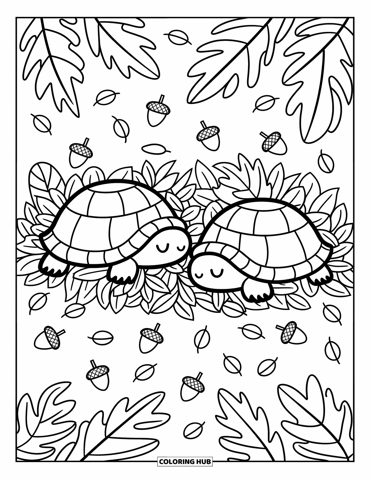 Hibernating Animals Coloring Page for Adults: Adorable bats hibernate in a peaceful cave with stones and a whimsical "Zzz" floating nearby
