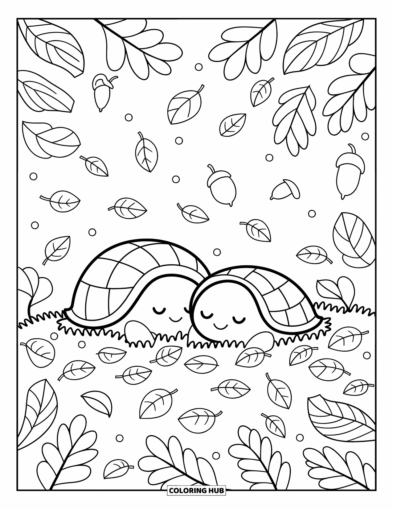 Hibernating Animals Coloring Page for Adults: Turtles rest quietly beneath autumn leaves on a peaceful forest floor