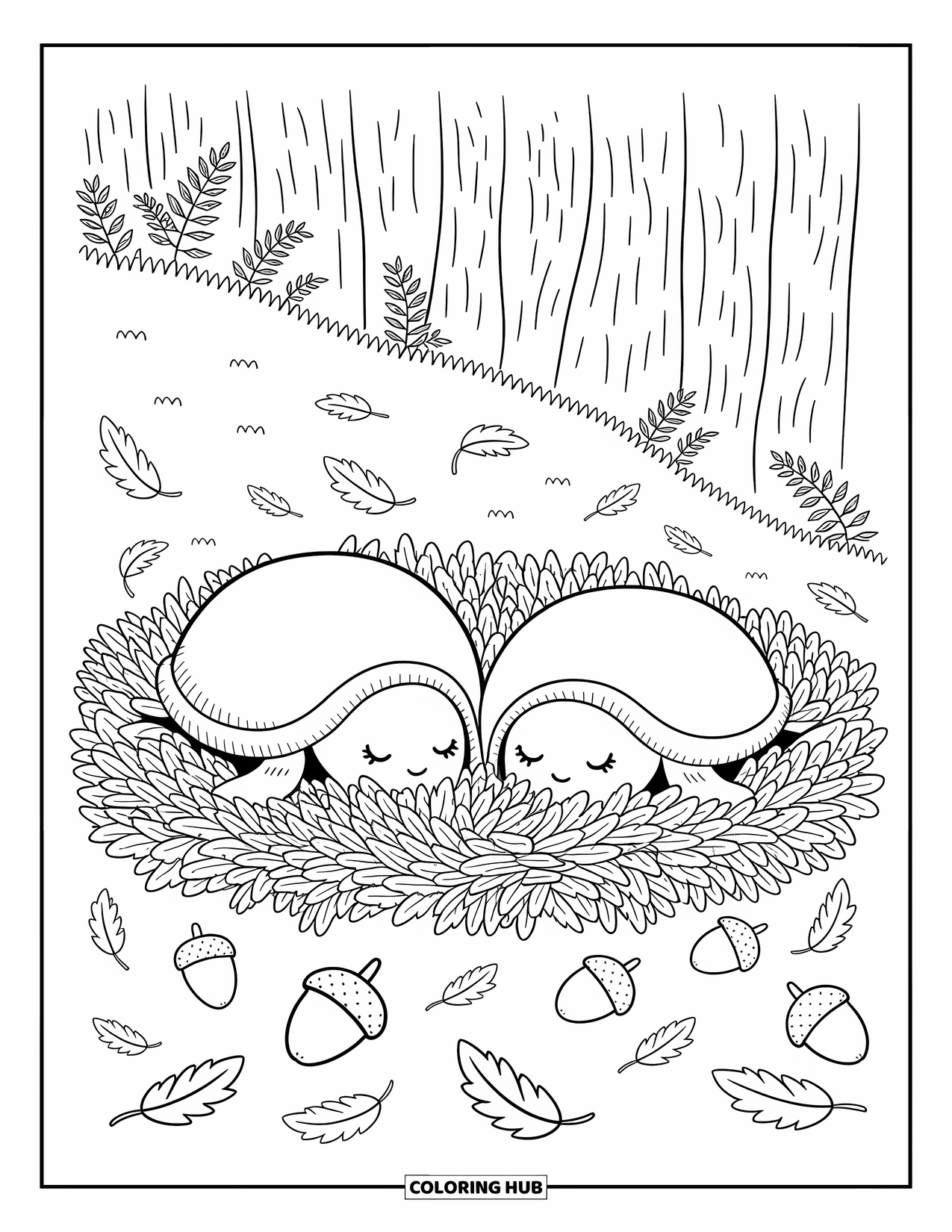 Hibernating Animals Coloring Page for Adults: Two turtles hibernate under fallen leaves while acorns and windblown leaves swirl nearby