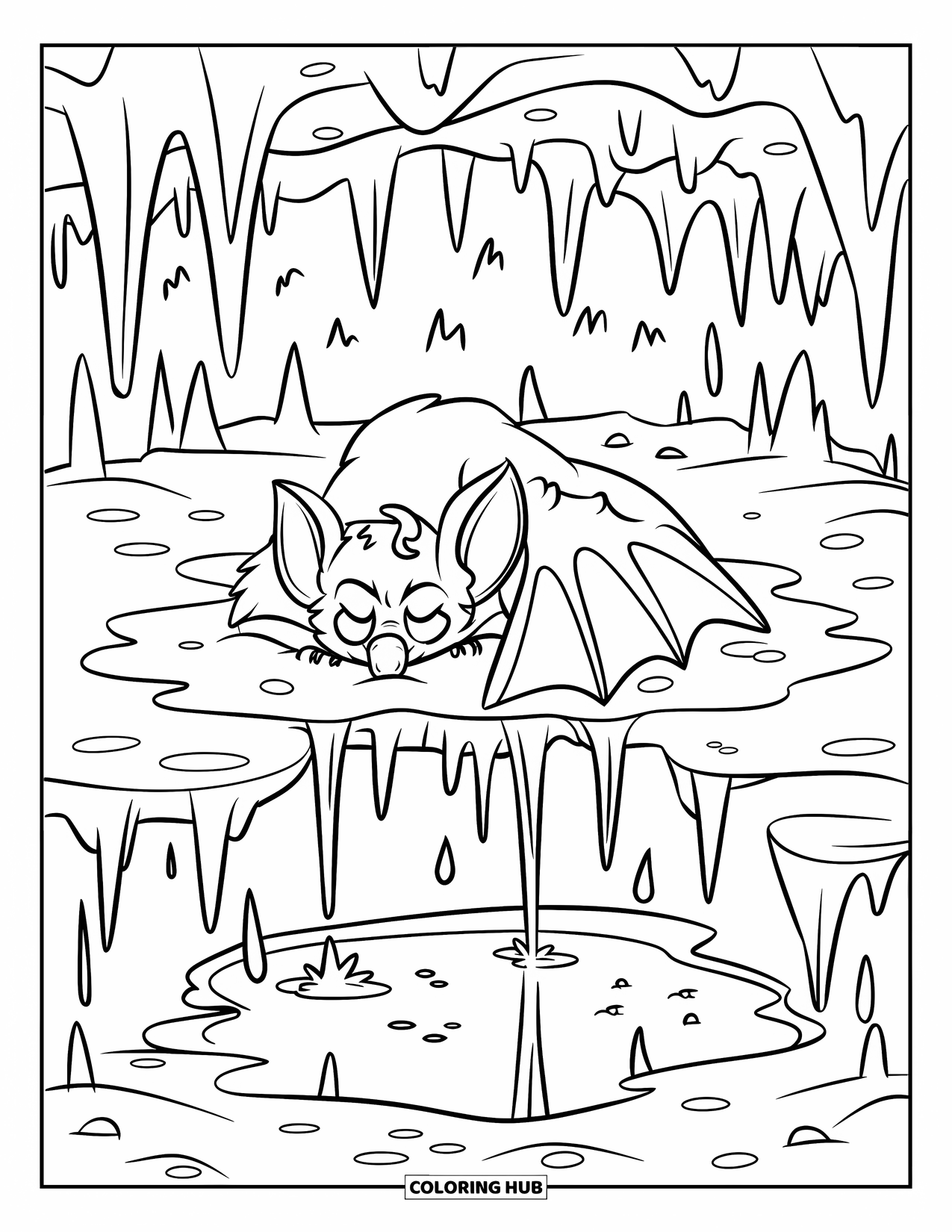 Hibernating Animals Coloring Page for Kids: A bat hibernates with open eyes above a puddle inside a dark cave
