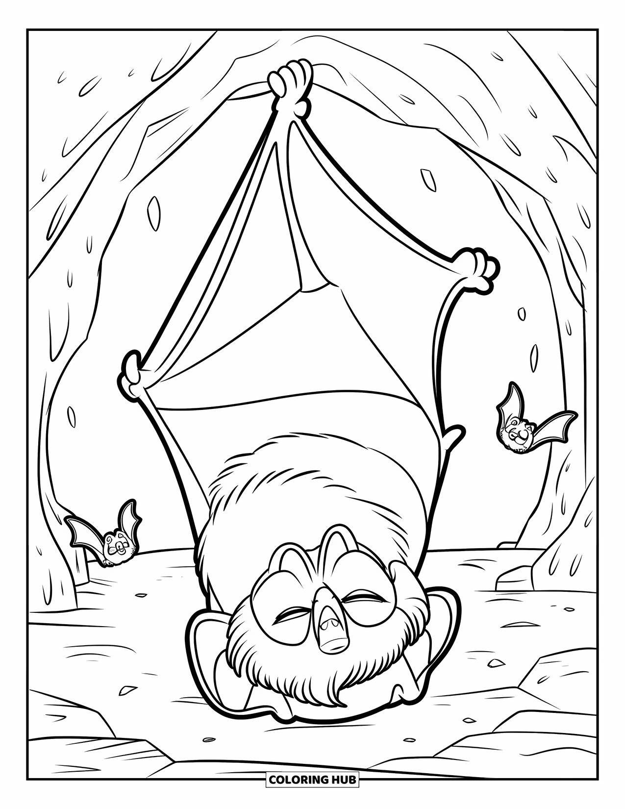 Hibernating Animals Coloring Page for Kids: A bat hibernates with smaller bats nearby in a large, dark cave
