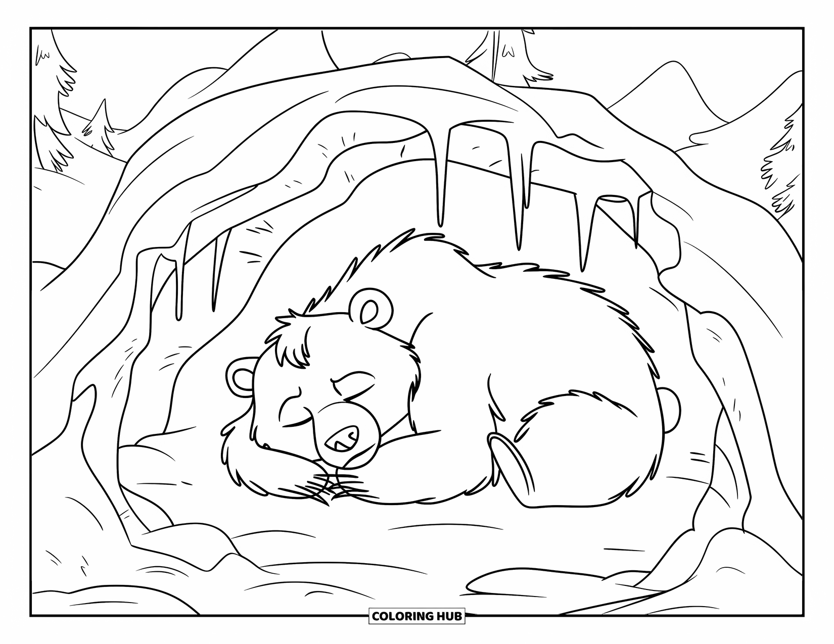 Hibernating Animals Coloring Page for Kids: A bear hibernates curled up peacefully inside a snowy ice cave