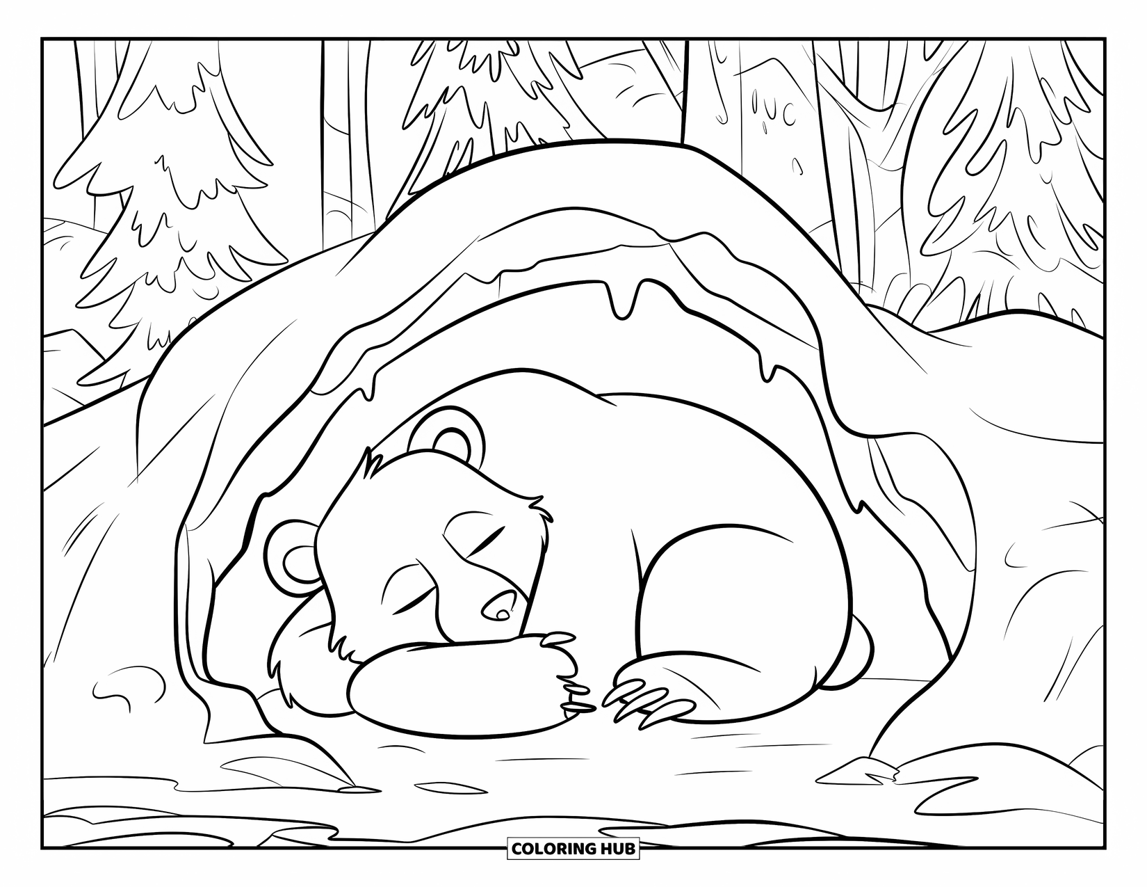Hibernating Animals Coloring Page for Kids: A bear hibernates in a snowy cave with trees in the distance