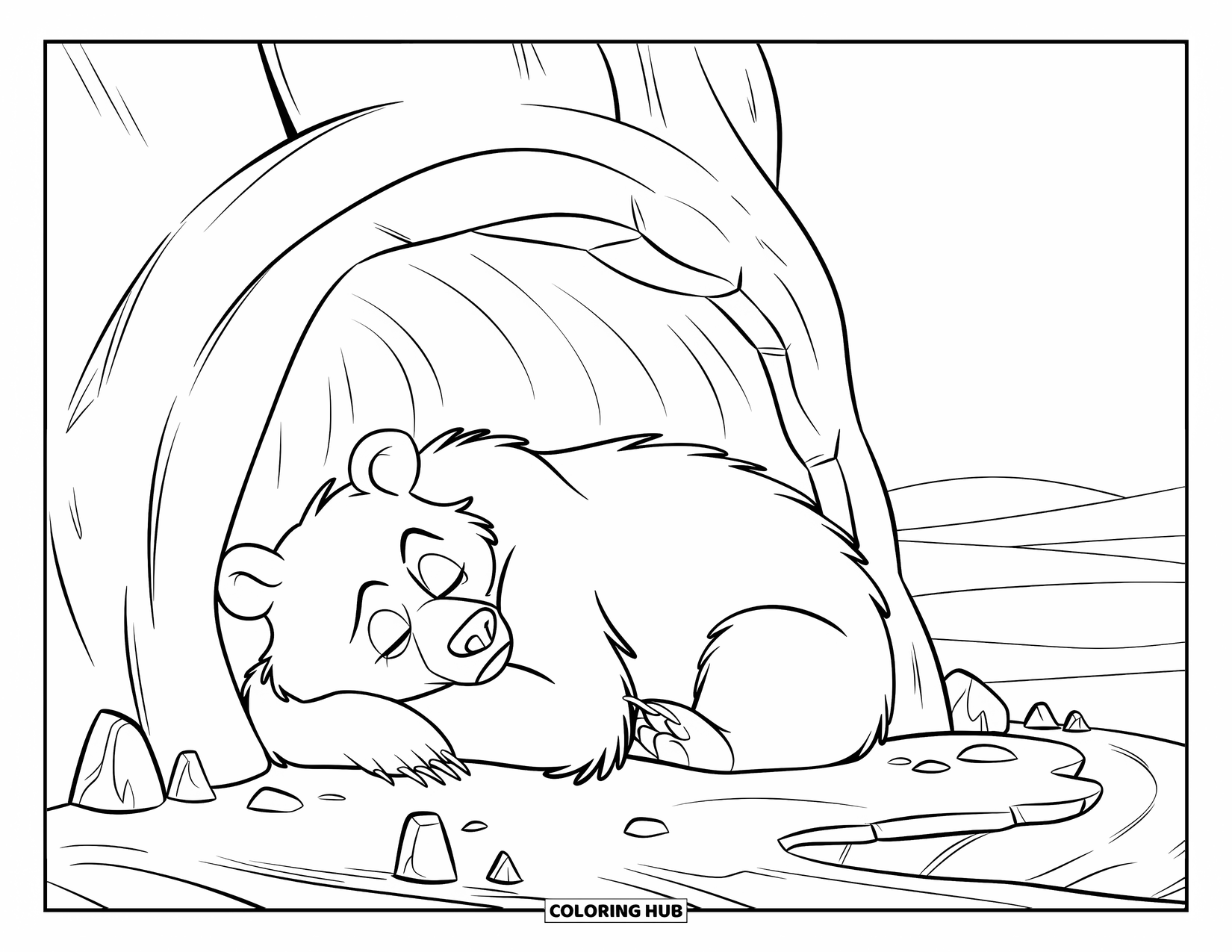 Hibernating Animals Coloring Page for Kids: A bear hibernates peacefully in a cave with hills stretching beyond