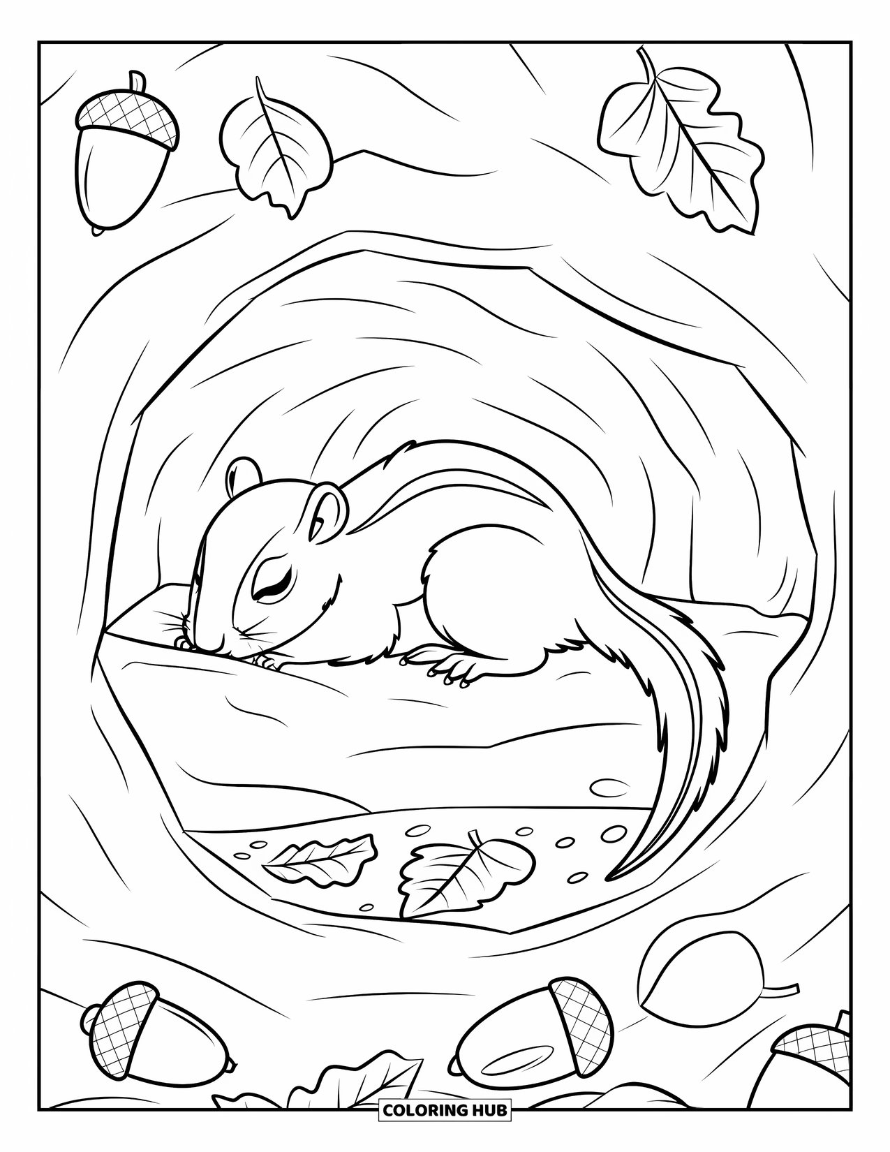 Hibernating Animals Coloring Page for Kids: A chipmunk hibernates curled in a cozy underground burrow with leaves and acorns