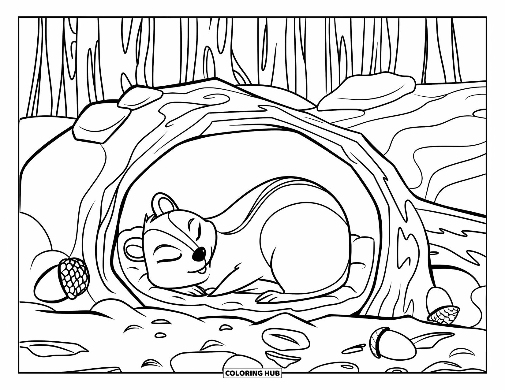 Hibernating Animals Coloring Page for Kids: A chipmunk hibernates in a log burrow with acorns and tall trees