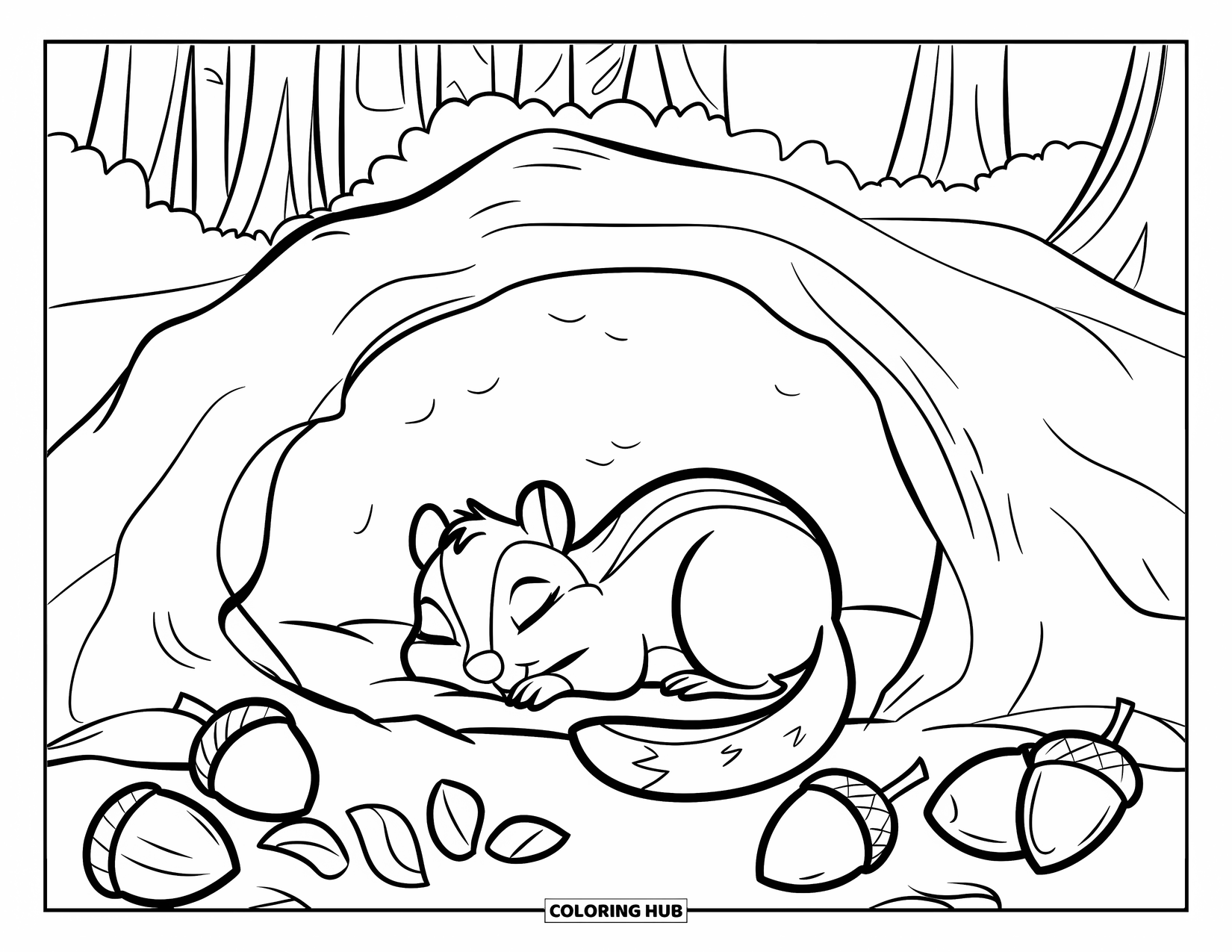 Hibernating Animals Coloring Page for Kids: A chipmunk hibernates in its burrow surrounded by scattered acorns