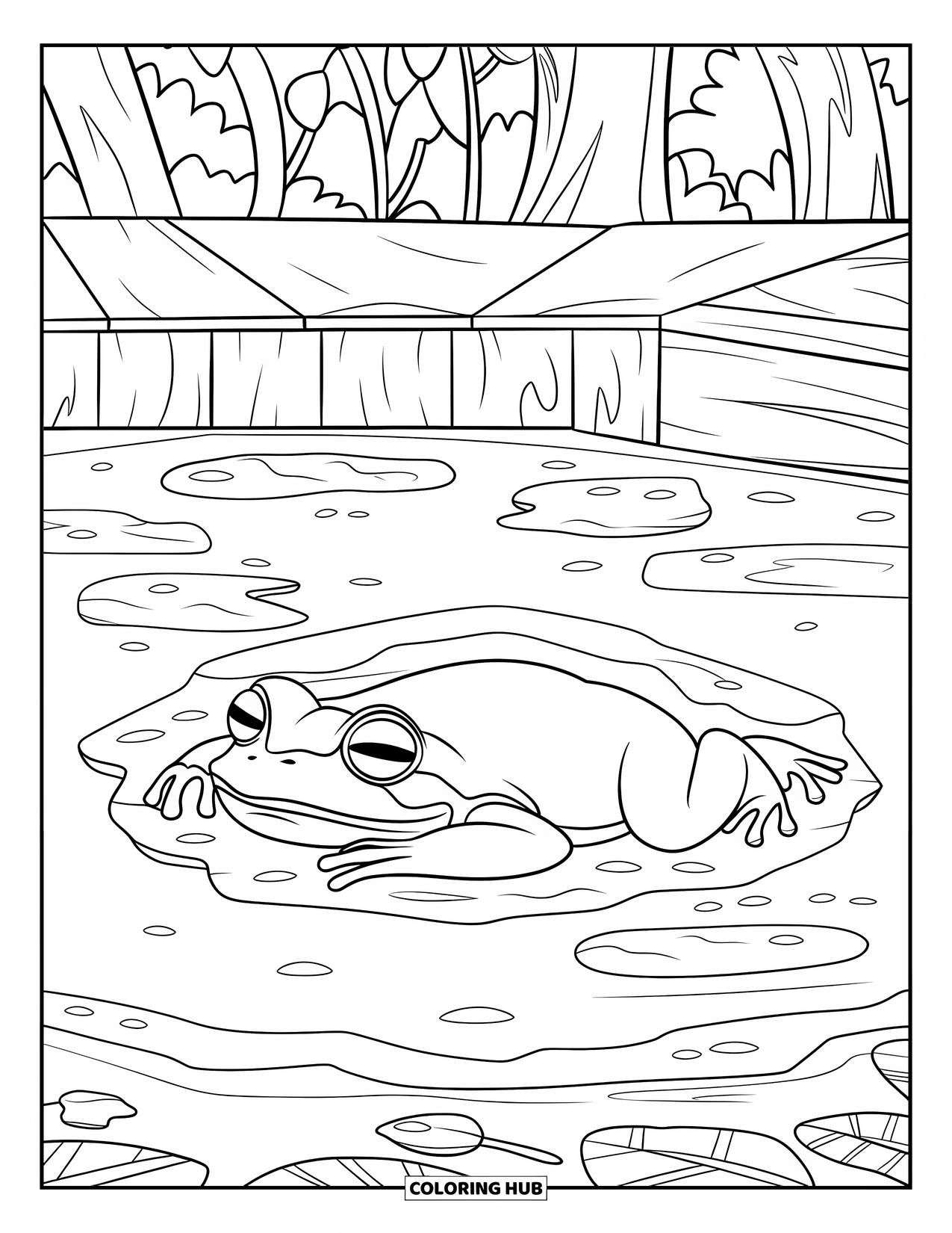 Hibernating Animals Coloring Page for Kids: A frog hibernates half-frozen under the pond surrounded by calm scenery
