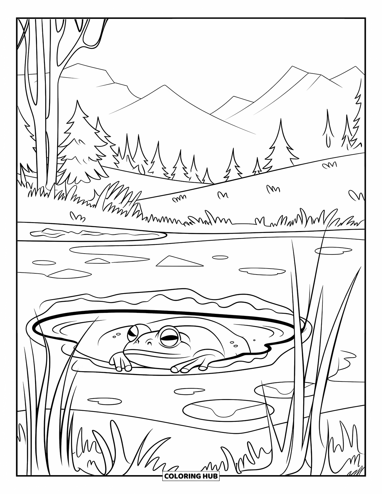 Hibernating Animals Coloring Page for Kids: A frog hibernates under pond ice with only its eyes peeking out