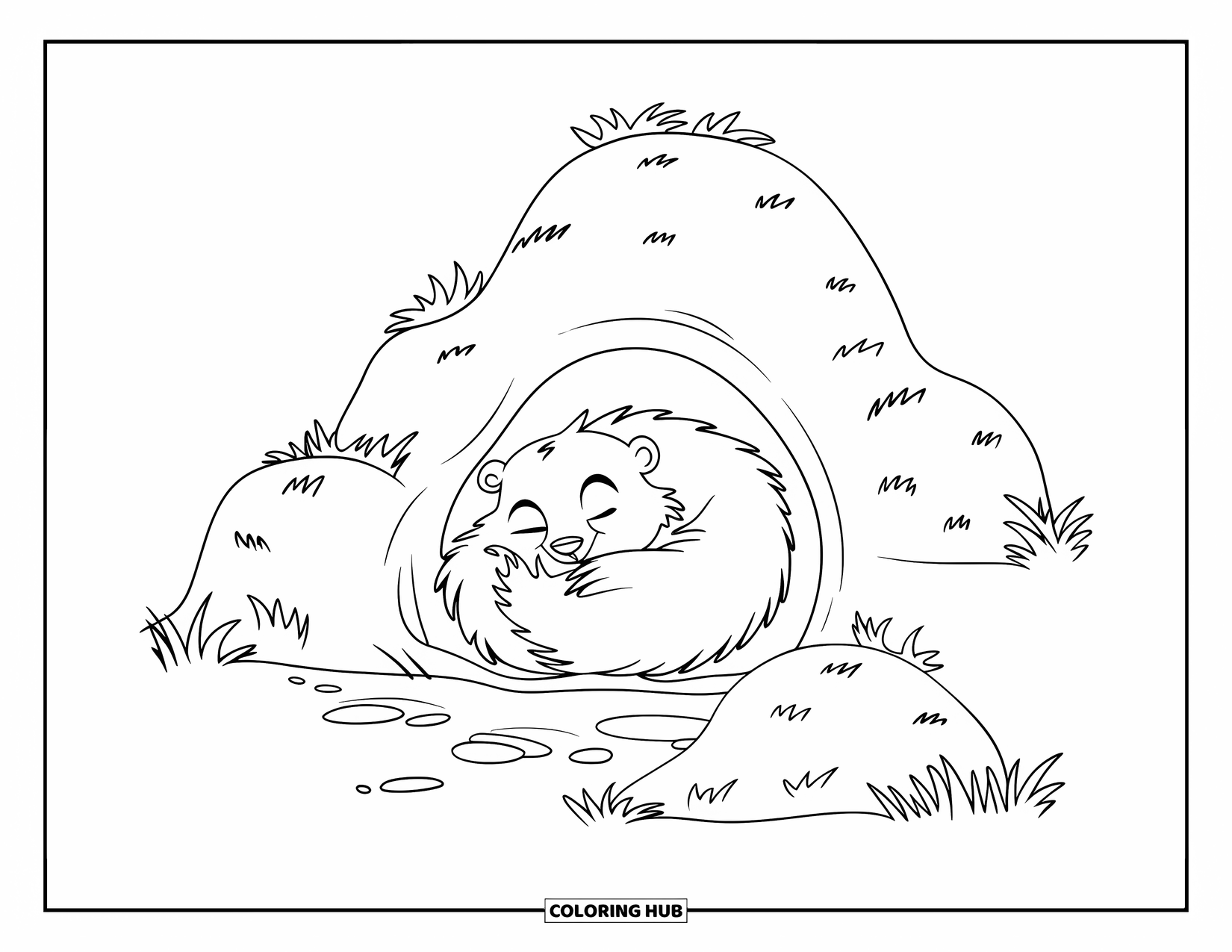 Hibernating Animals Coloring Page for Kids: A groundhog hibernates quietly inside its grassy, mound-covered burrow