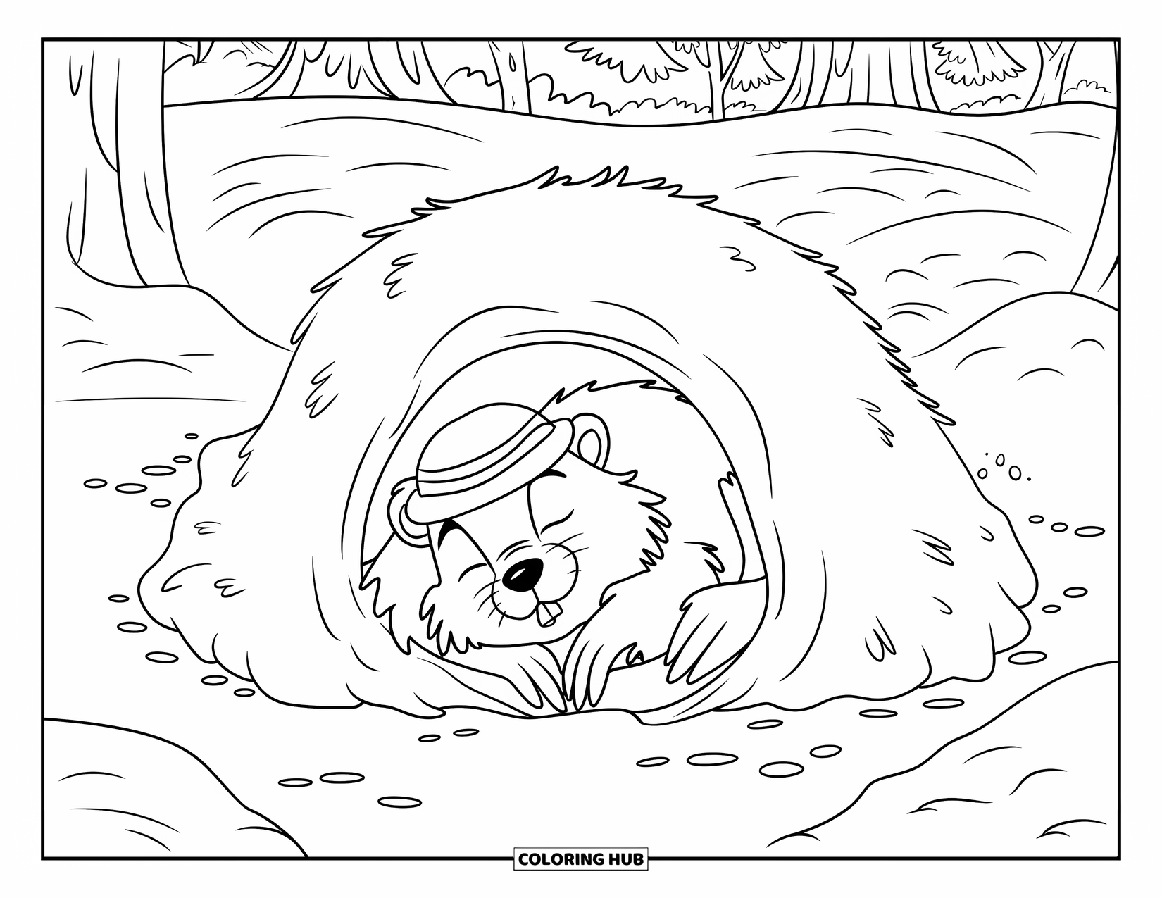 Hibernating Animals Coloring Page for Kids: A groundhog wearing a hat hibernates in a cozy den surrounded by snow