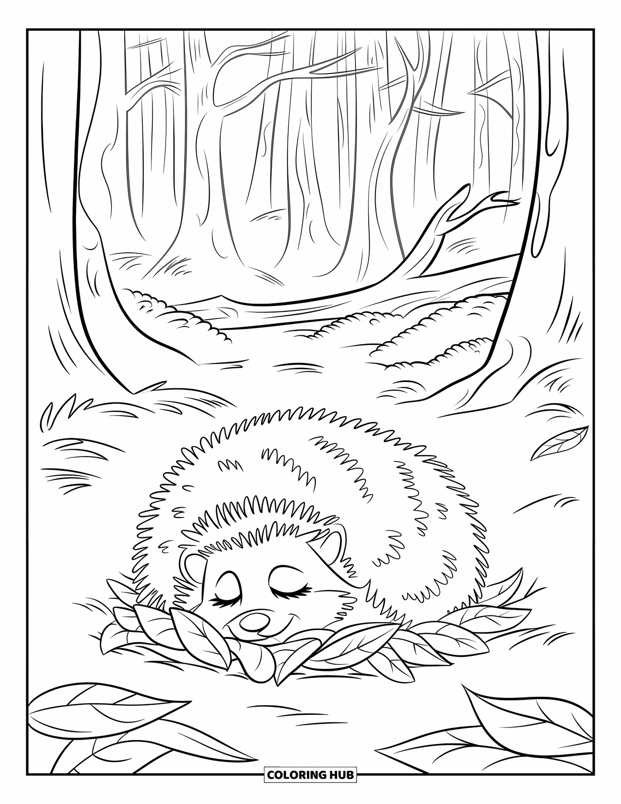 Hibernating Animals Coloring Page for Kids: A hedgehog hibernates snugly beneath a leafy nest