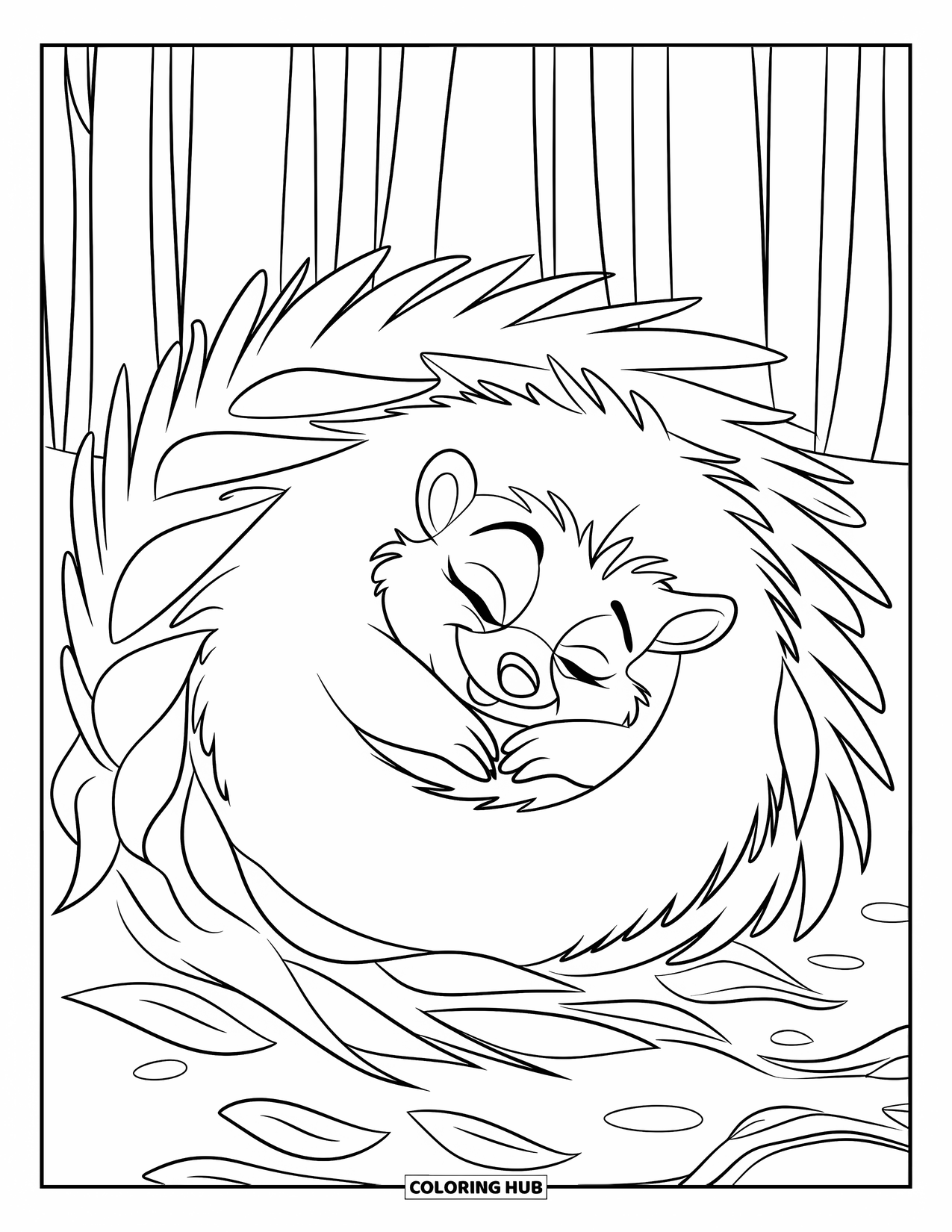 Hibernating Animals Coloring Page for Kids: A hedgehog hibernates under leaves in a quiet forest