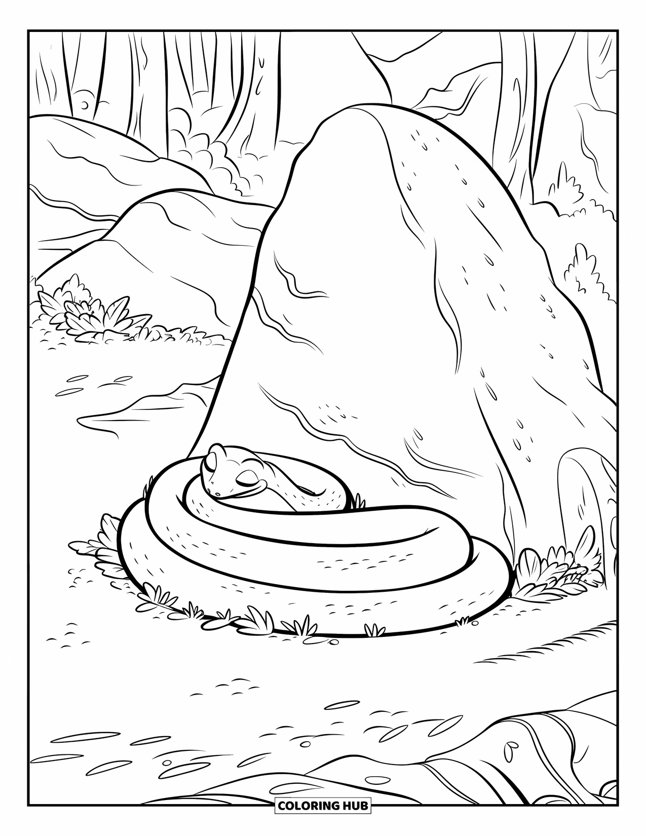 Hibernating Animals Coloring Page for Kids: A snake hibernates in a spiral near rocks and plants in the forest