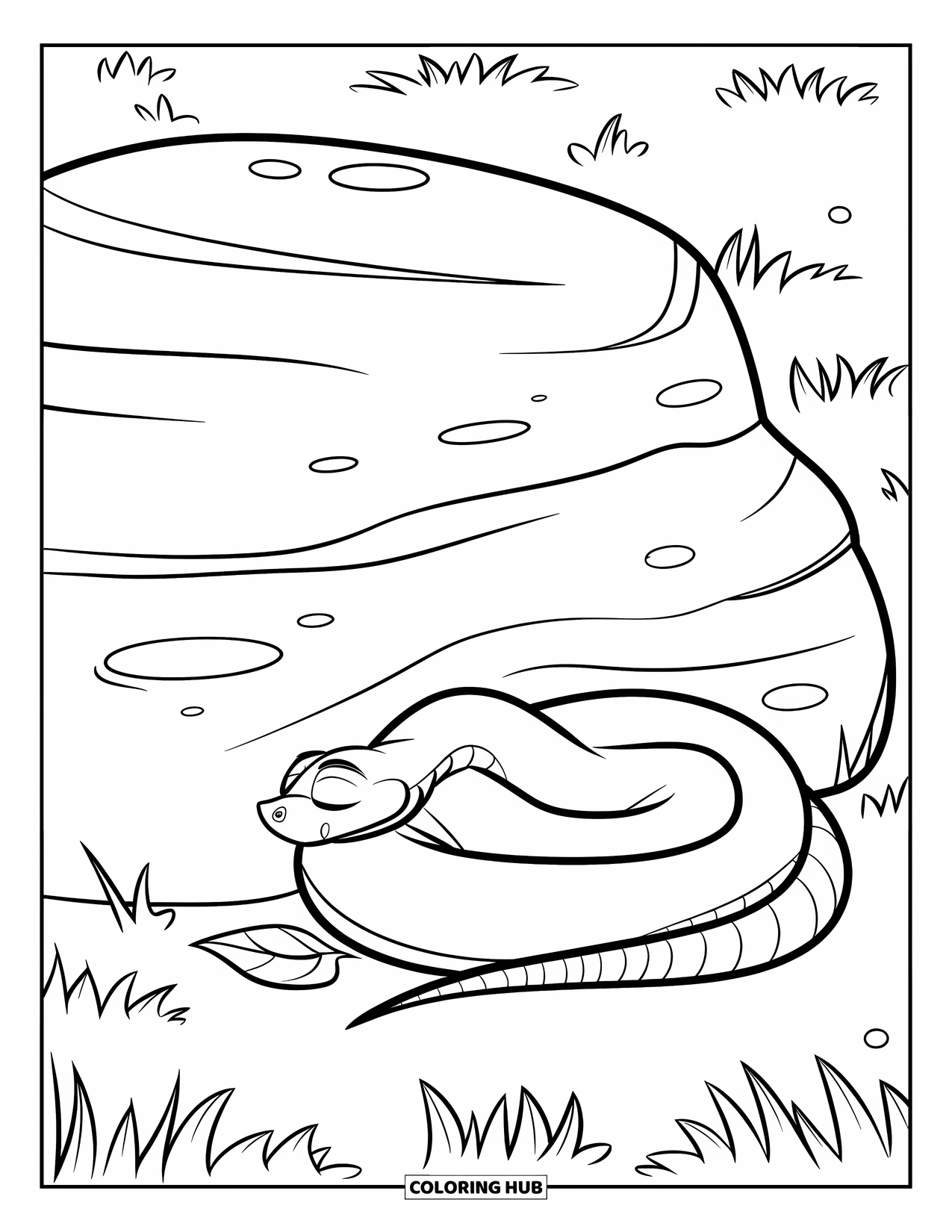 Hibernating Animals Coloring Page for Kids: A snake hibernates near a mossy rock and soft green grass
