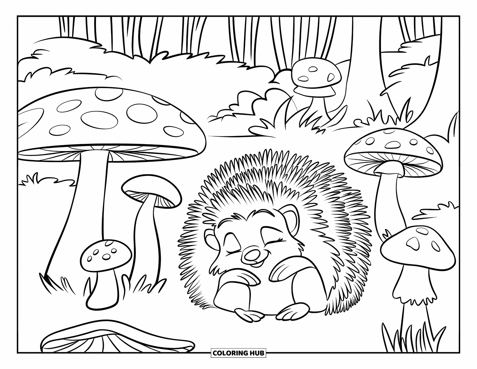 Hibernating Animals Coloring Page for Kids: A tiny hedgehog hibernates snugly among mushrooms in a quiet forest