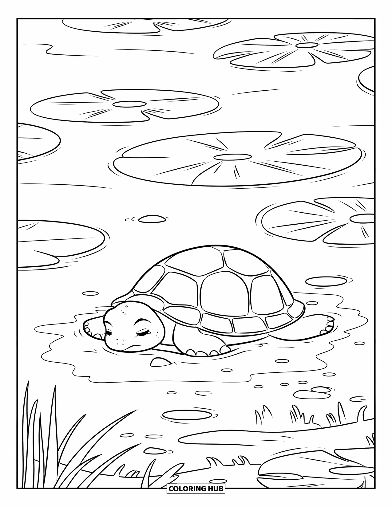 Hibernating Animals Coloring Page for Kids: A turtle hibernates in the mud beneath lily pads and tiny plants