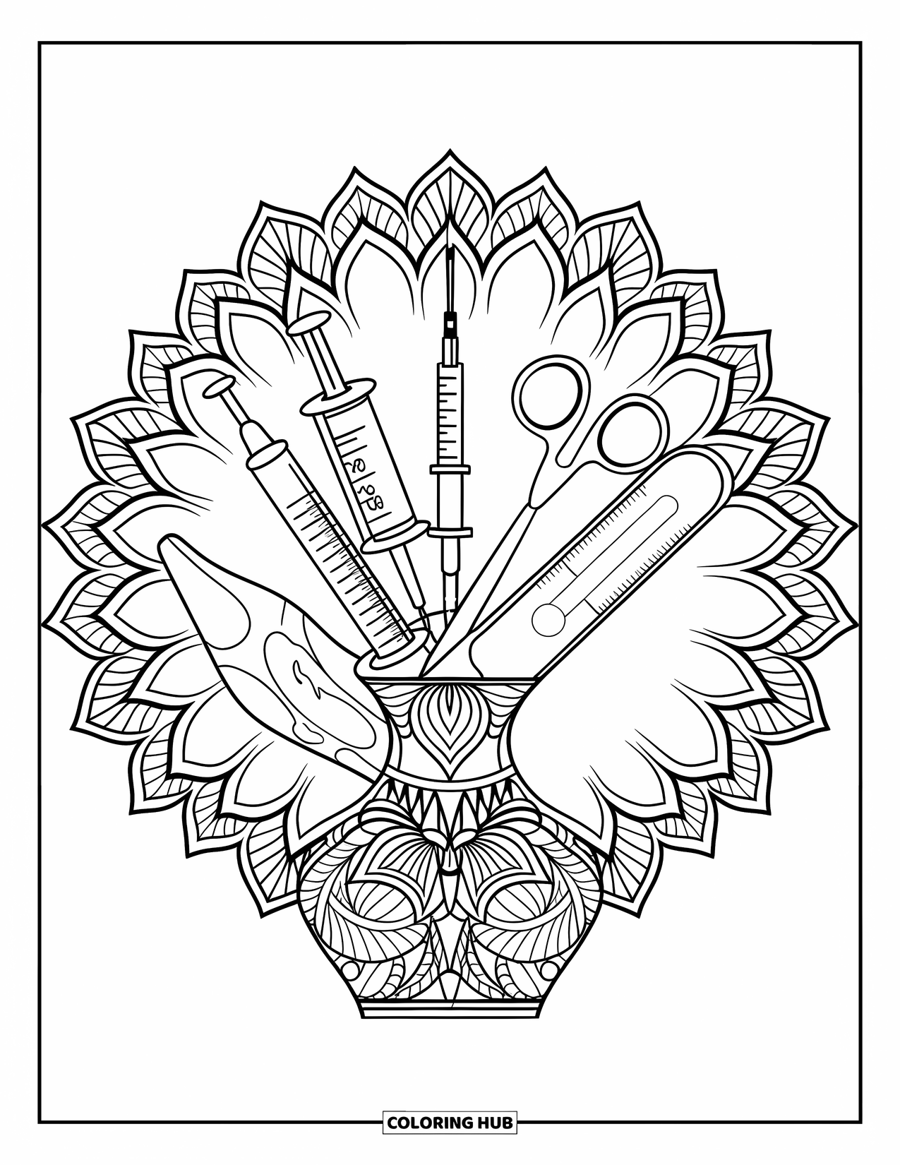 Hospital Coloring Page for Adults: A bouquet of medical tools framed by beautiful mandala petals