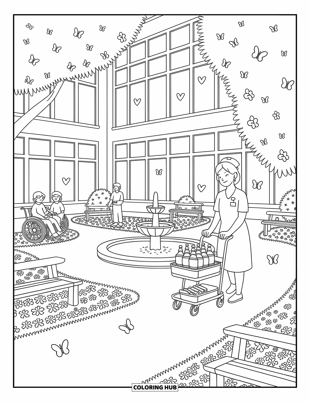 Hospital Coloring Page for Adults: A calming courtyard scene with flowers, trees, and friendly hospital visitors