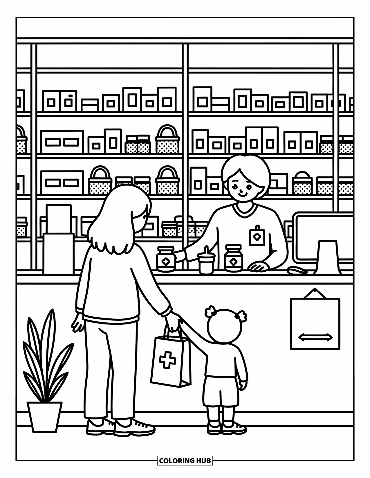 Hospital Coloring Page for Adults: A cozy hospital pharmacy where a parent and child pick up medicine