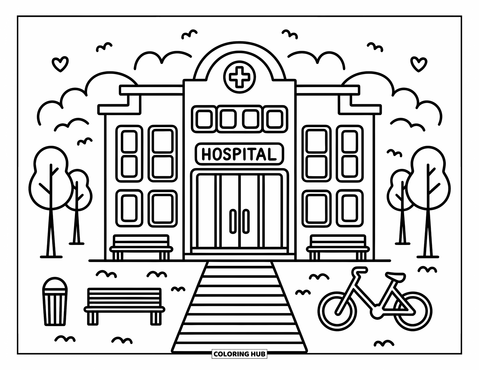 Hospital Coloring Page for Adults: A friendly hospital building with trees, a crosswalk, and a parked bicycle