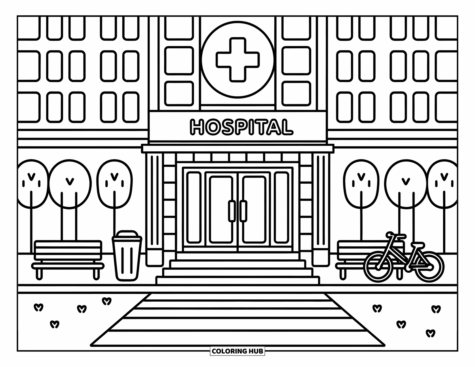 Hospital Coloring Page for Adults: A front view of a hospital with benches, trees, and a bicycle near the crosswalk