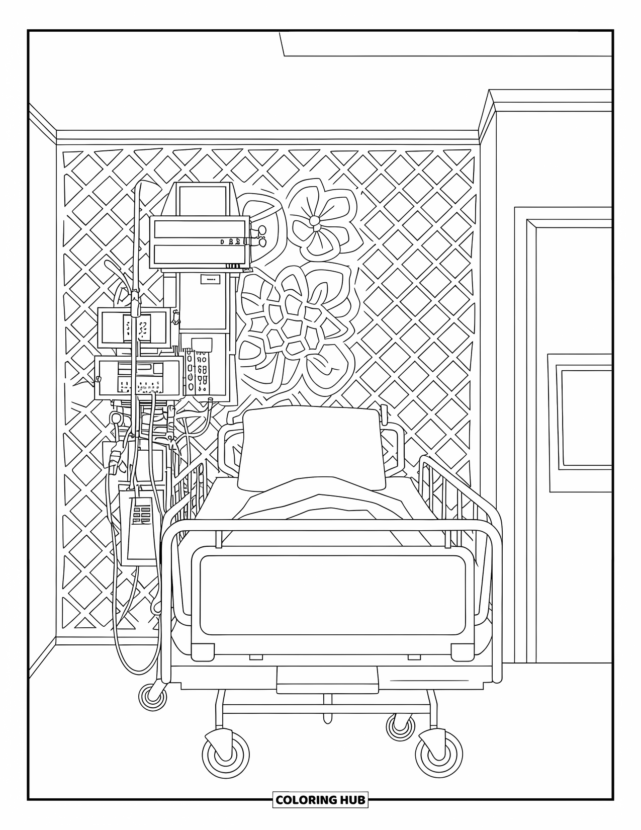 Hospital Coloring Page for Adults: A hospital bed with machines beside a floral lattice wall design