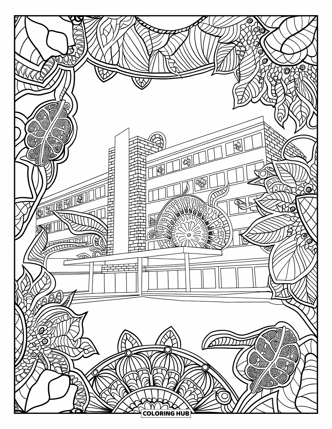 Hospital Coloring Page for Adults: A hospital building framed with vines and mandala leaves