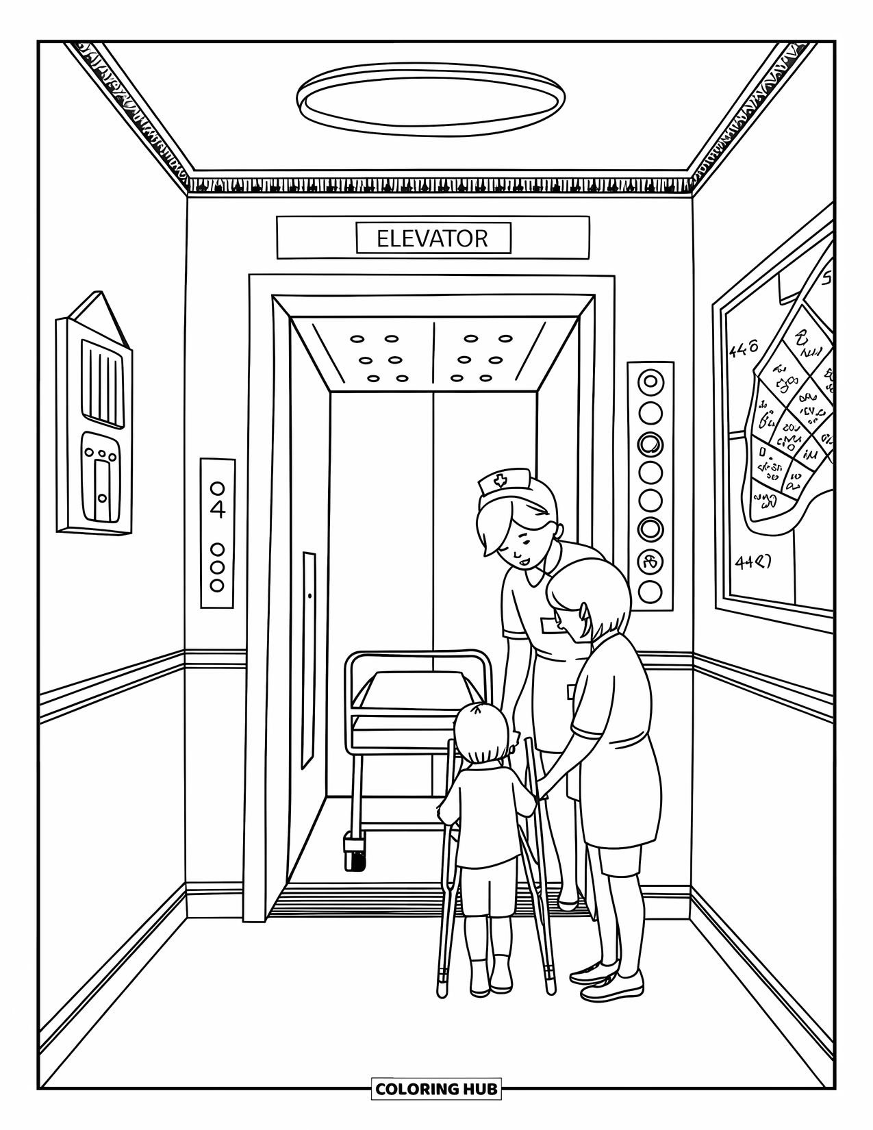 Hospital Coloring Page for Adults: A kind nurse assists a child on crutches while a parent waits nearby