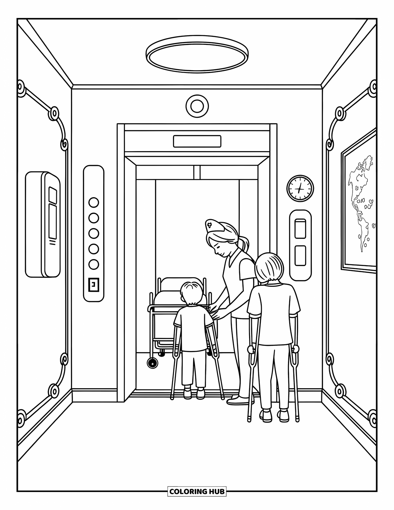 Hospital Coloring Page for Adults: A nurse guides a child into an elevator as a caring parent looks on