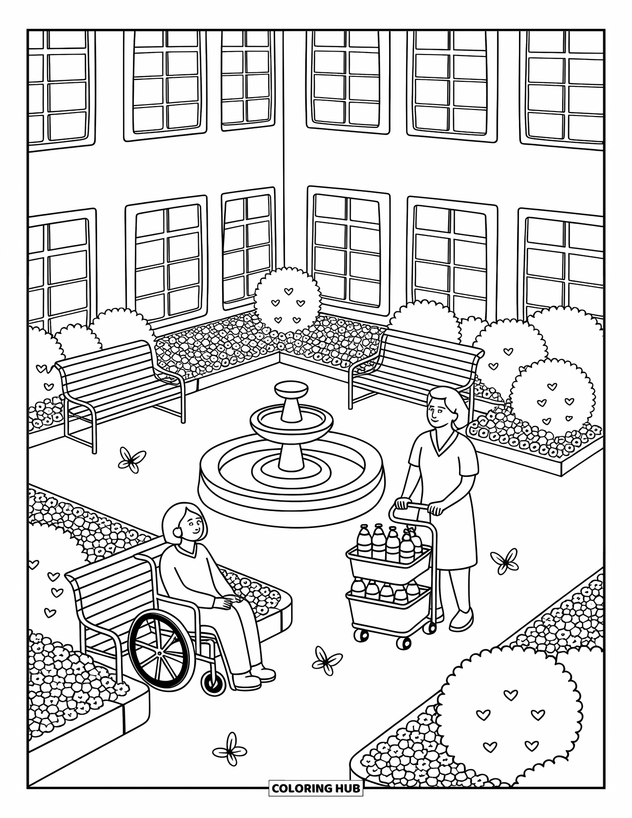 Hospital Coloring Page for Adults: A sunny hospital courtyard with a patient, nurse, and fluttering butterflies