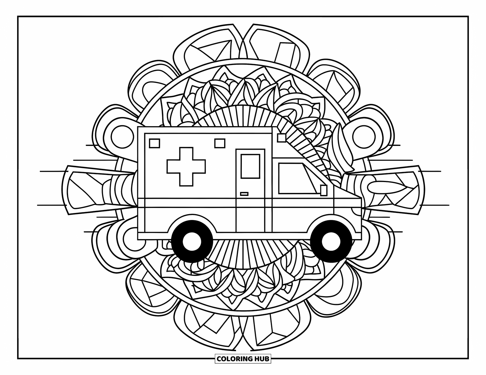Hospital Coloring Page for Adults: An ambulance surrounded by circular mandala siren patterns