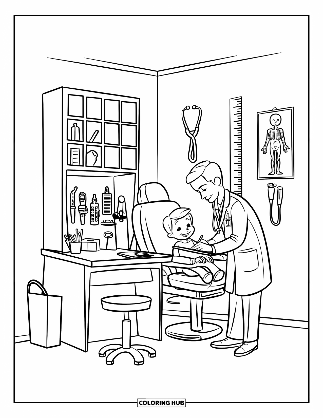 Hospital Coloring Page for Kids: A bright doctor's office with a happy child and doctor working together