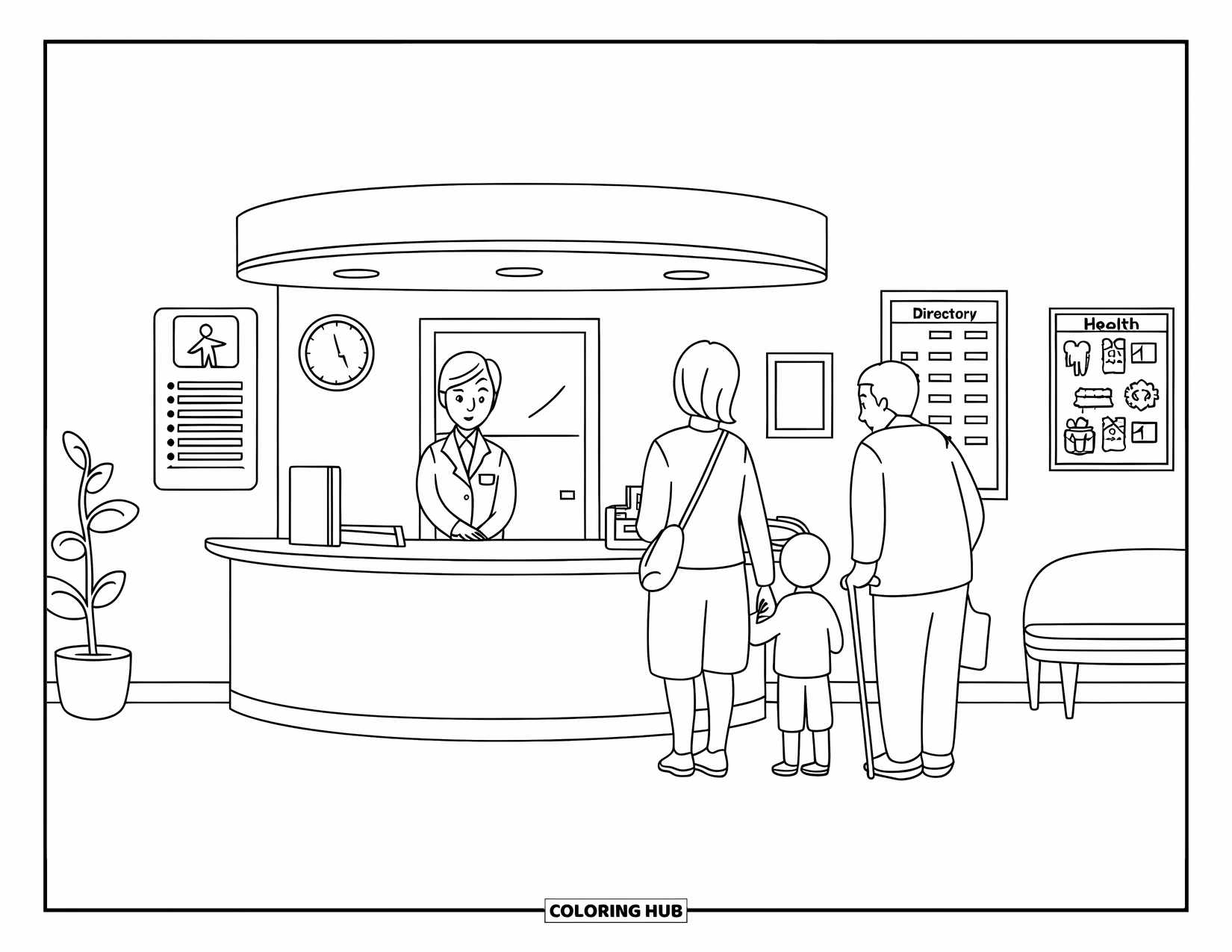Hospital Coloring Page for Kids: A bright hospital lobby where visitors line up to meet a smiling receptionist