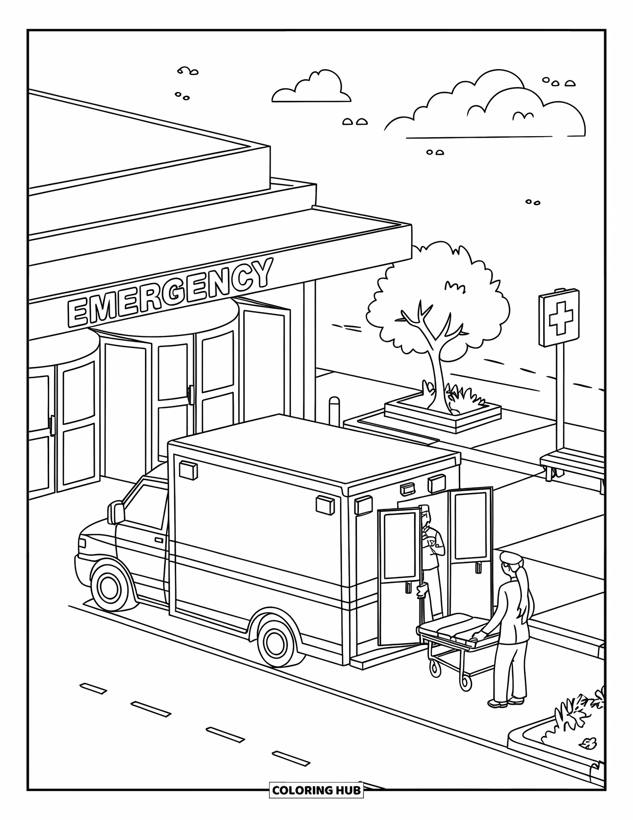 Hospital Coloring Page for Kids: A busy hospital entrance with an ambulance, a nurse, and a paramedic at work