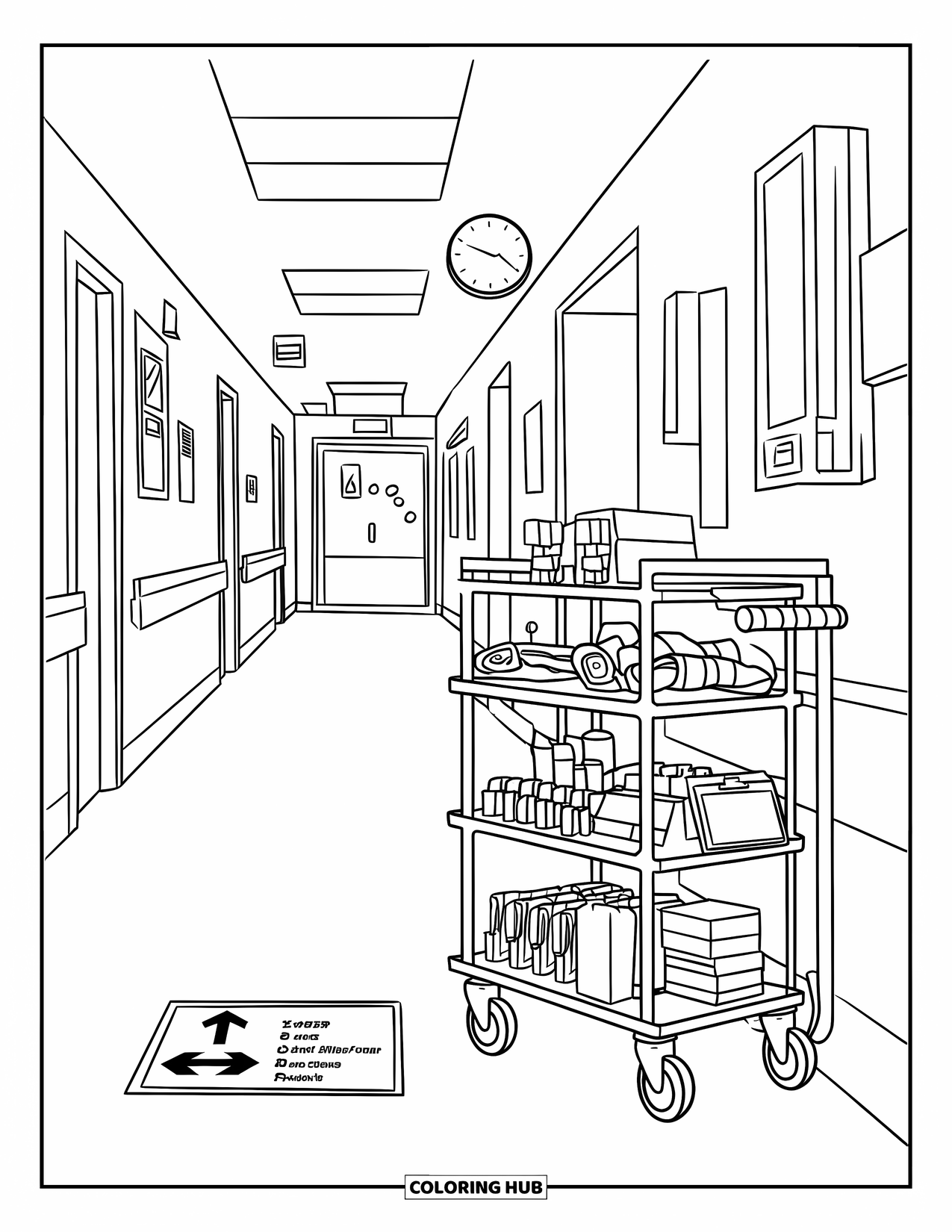 Hospital Coloring Page for Kids: A calm corridor where medical tools and signs guide patients along the way