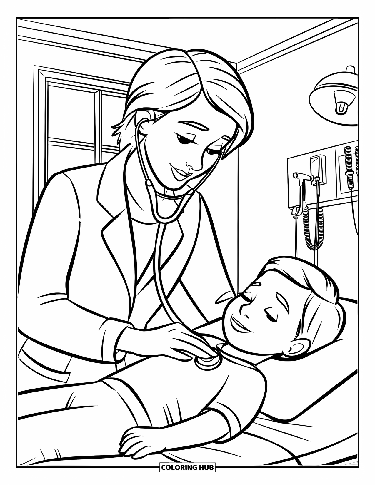 Hospital Coloring Page for Kids: A caring doctor uses a stethoscope to check a child's heartbeat