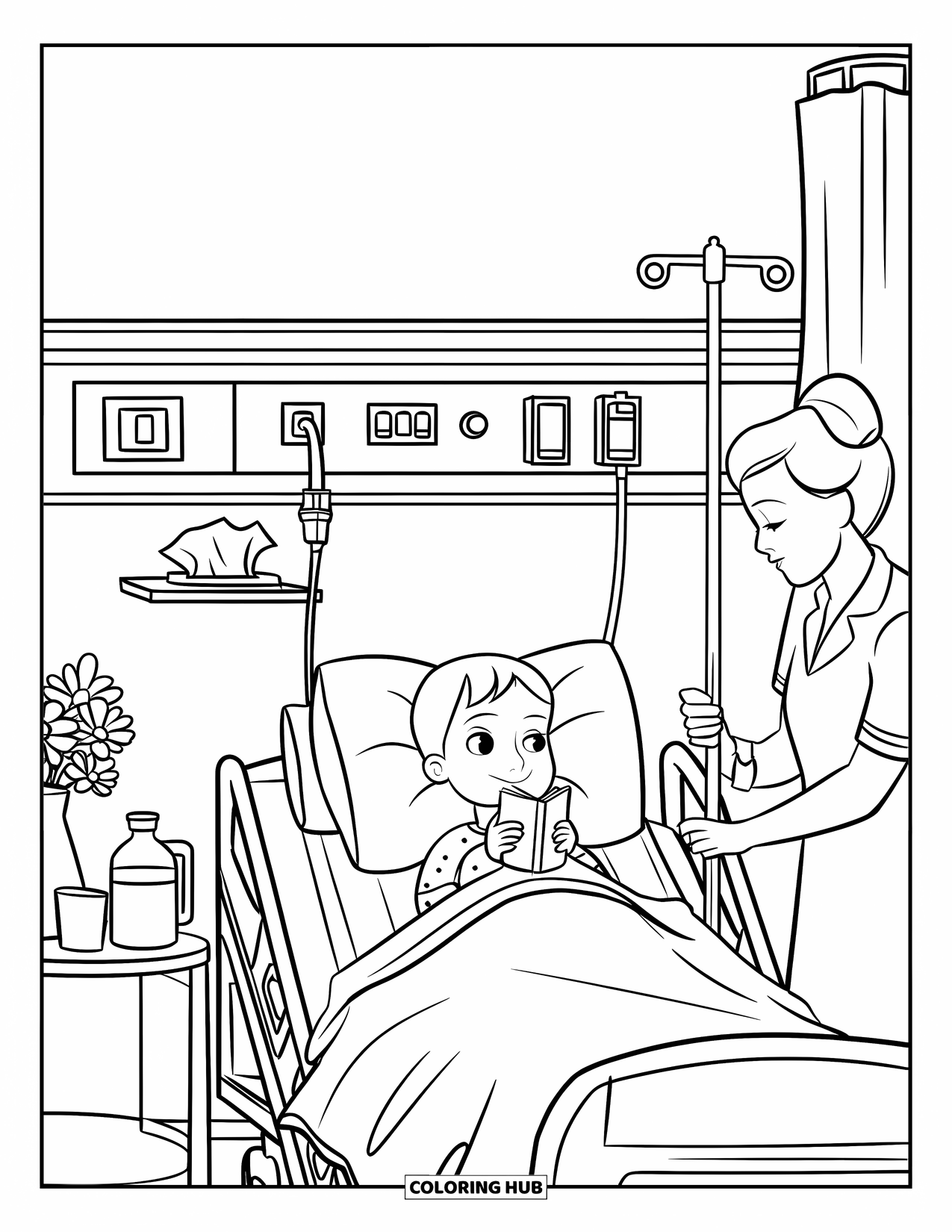 Hospital Coloring Page for Kids: A caring nurse checks on a young patient resting under a soft blanket