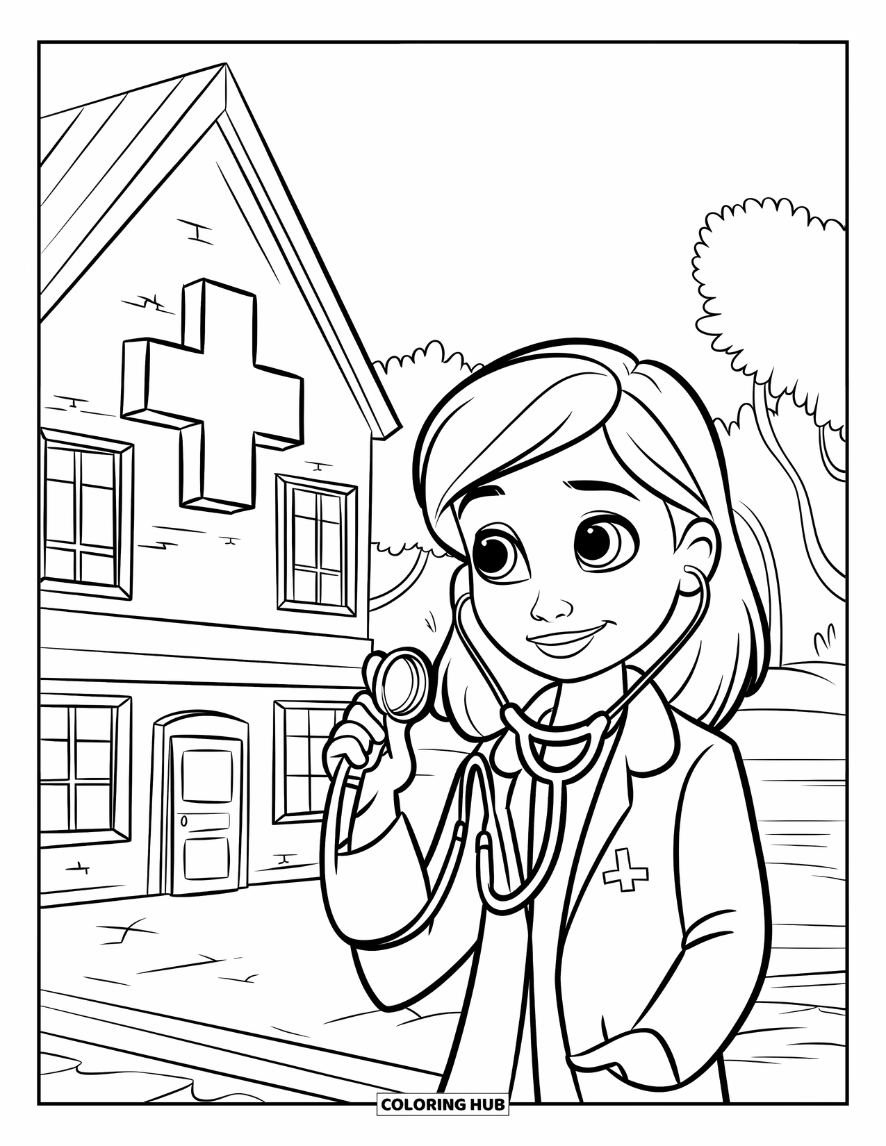 Hospital Coloring Page for Kids: A cheerful girl doctor stands proudly beside a bright hospital building