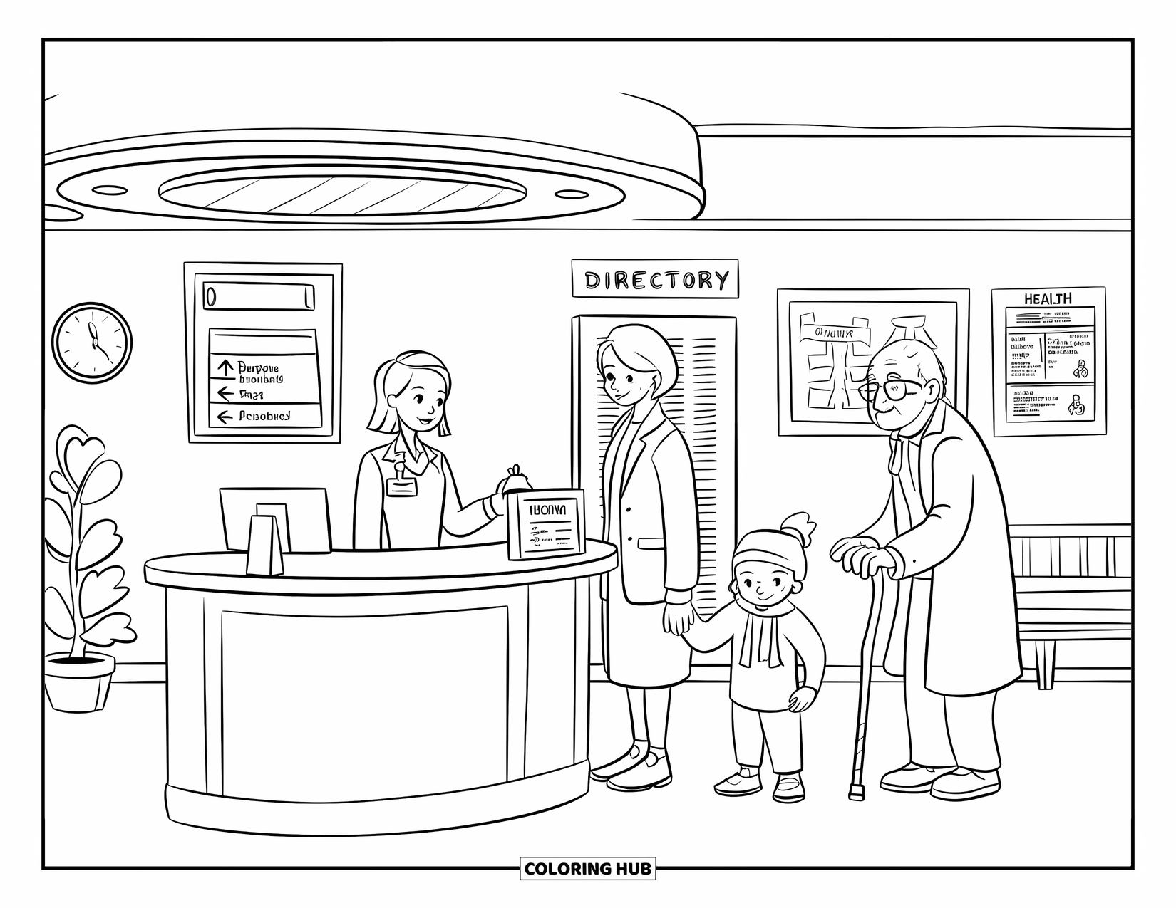 Hospital Coloring Page for Kids: A cheerful hospital entrance where families wait and a kind receptionist greets them