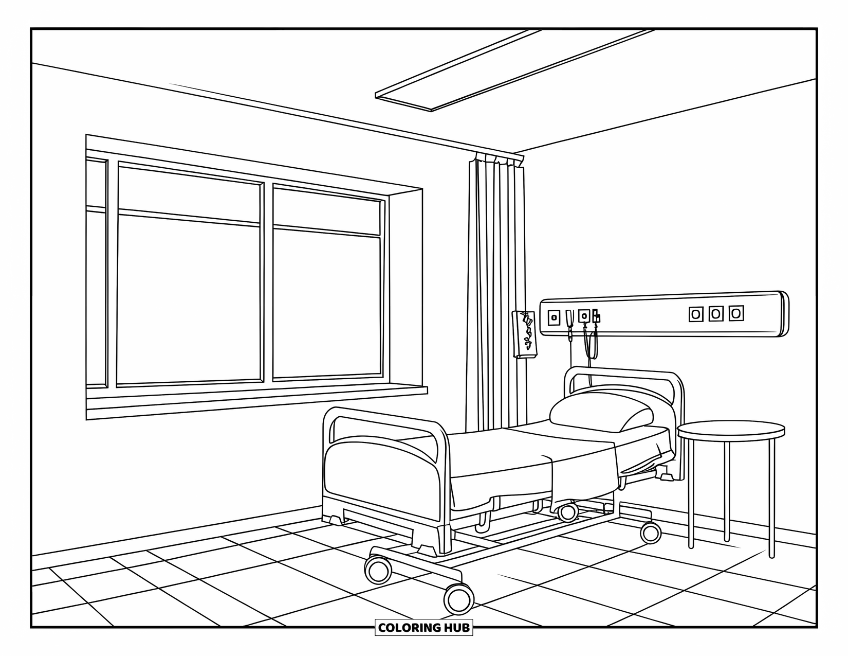 Hospital Coloring Page for Kids: A clean hospital room with a bed, table, and a sunny window