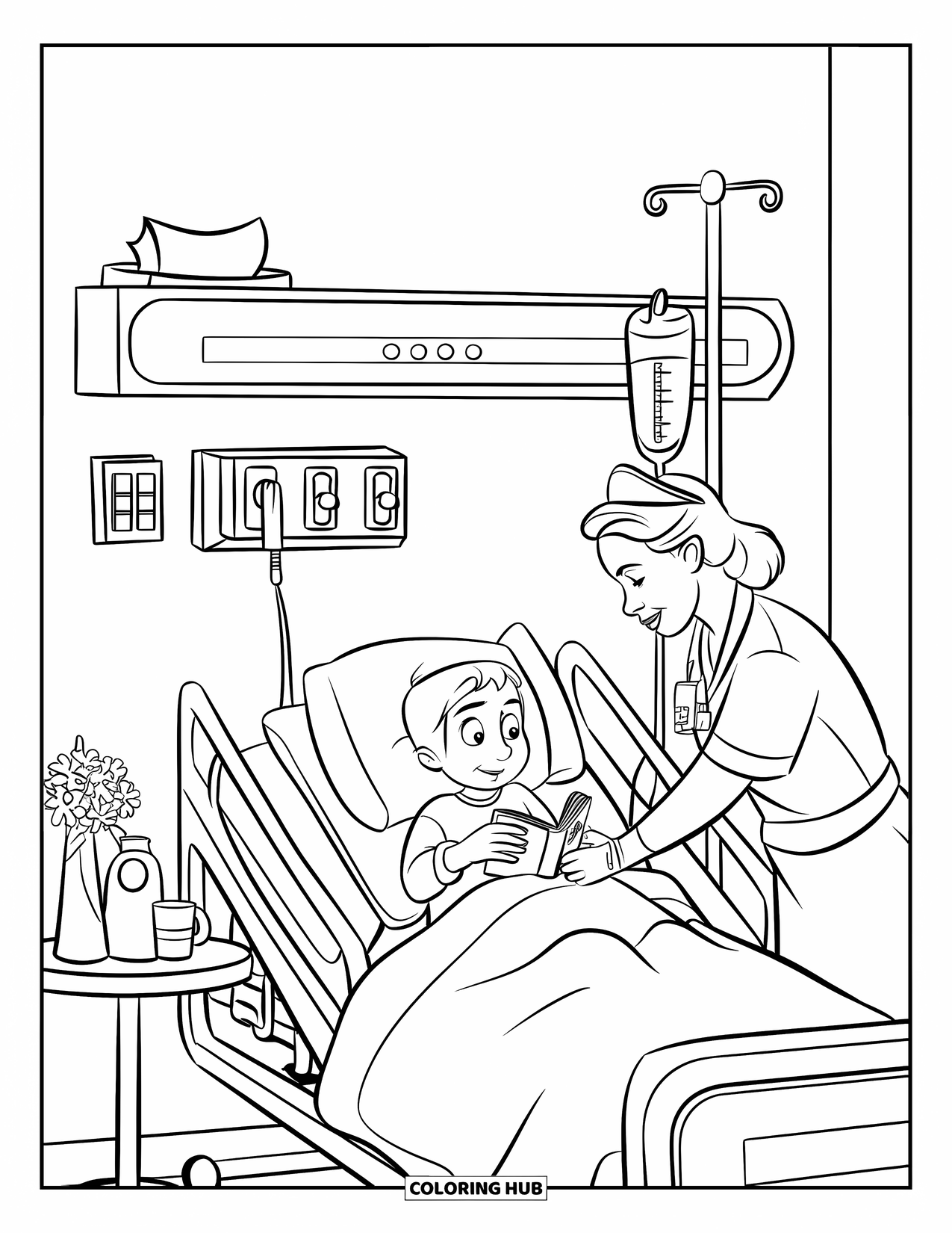 Hospital Coloring Page for Kids: A cozy hospital room where a child reads as a nurse gently adjusts the IV