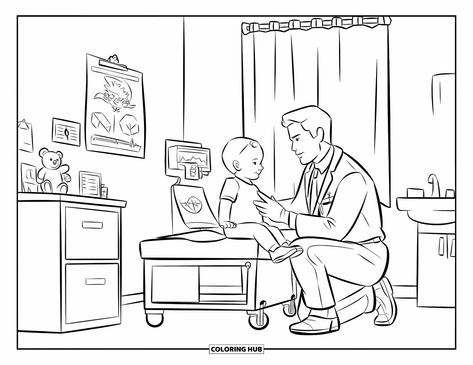 Hospital Coloring Page for Kids: A friendly doctor examines a child's heartbeat beside a cheerful wall poster