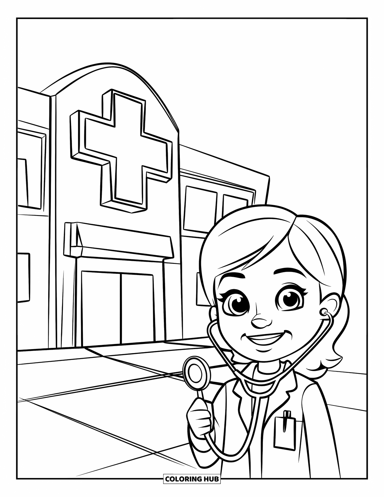 Hospital Coloring Page for Kids: A friendly girl doctor smiles beside the hospital with a large cross sign