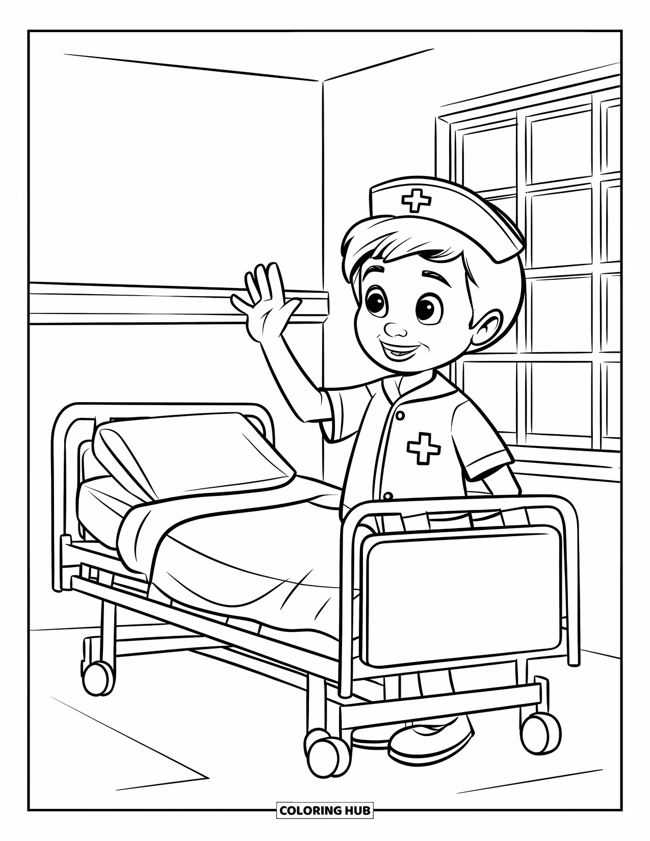 Hospital Coloring Page for Kids: A friendly young nurse waves next to a clean hospital bed