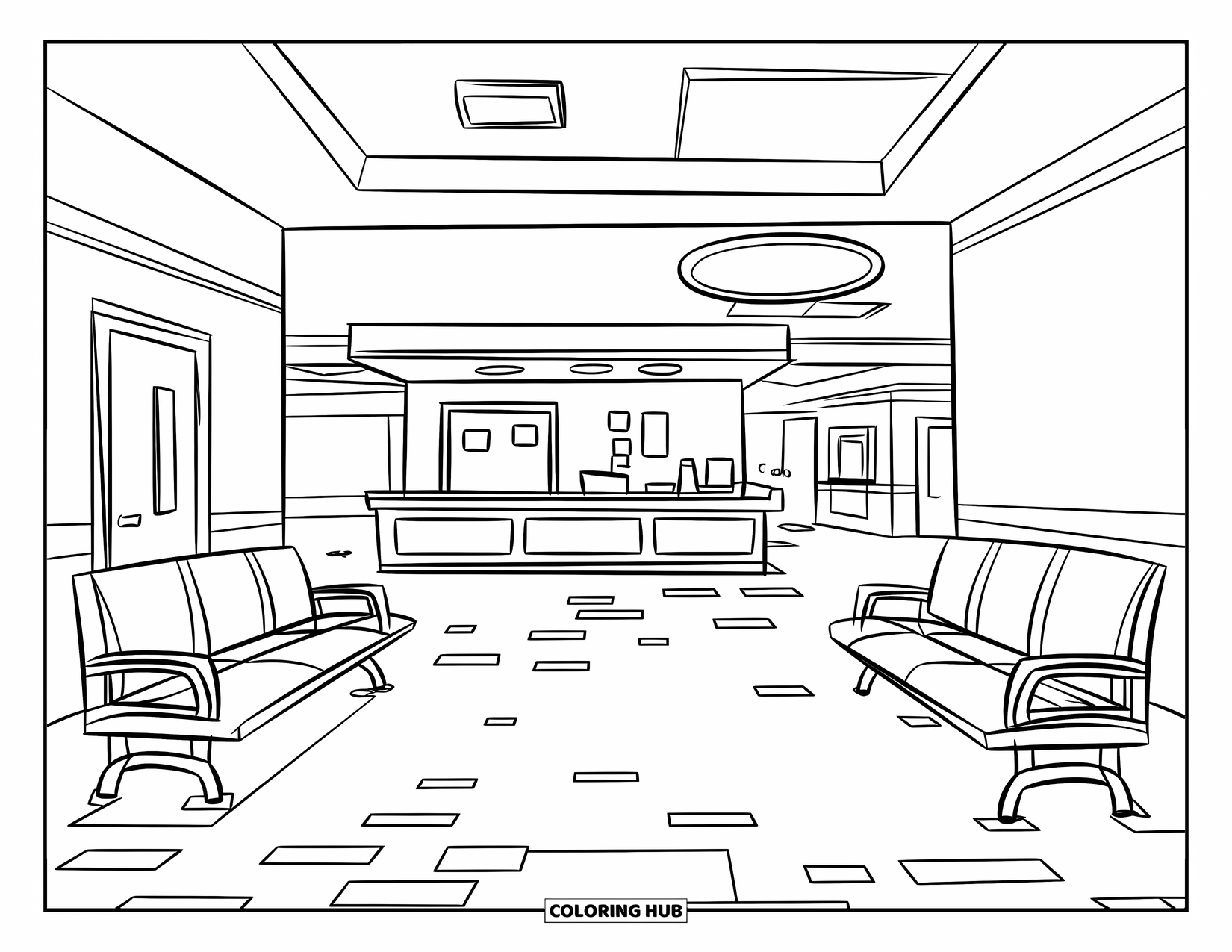 Hospital Coloring Page for Kids: A hospital reception area with rows of waiting chairs and a friendly desk