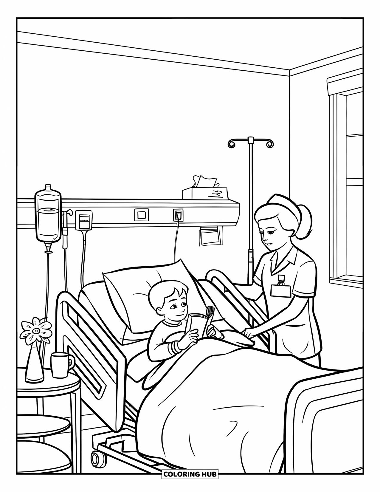 Hospital Coloring Page for Kids: A nurse adjusts an IV beside a reading child resting in a sunny hospital room